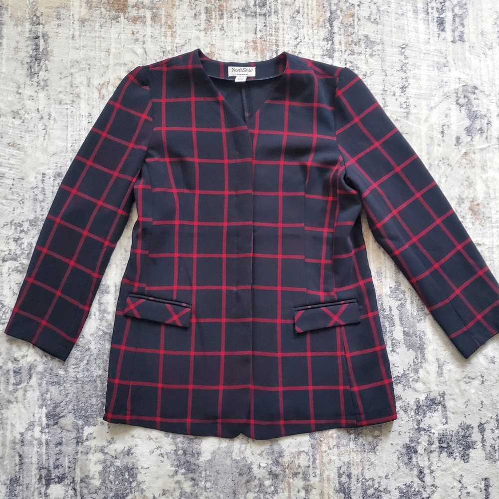 NorthStyle Women's Navy Blue Blazer with Red window Pane Plaid print Sz XL EUC